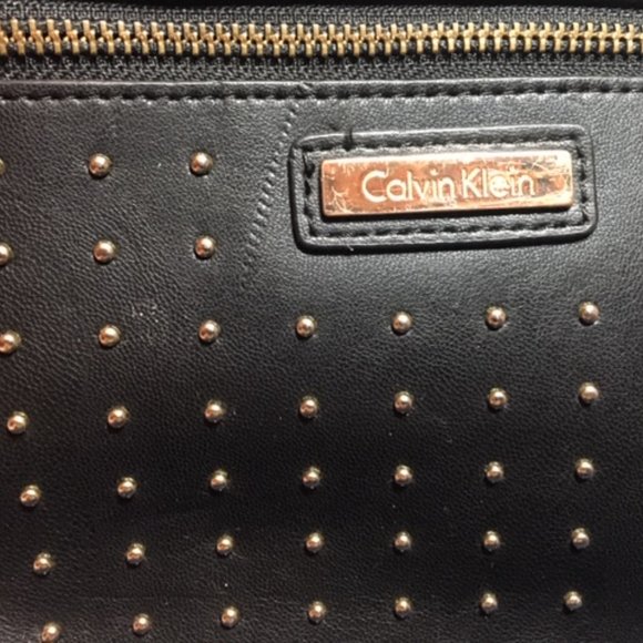 Calvin Klein Black Studded Leather Zip Pouch Wallet Purse 10" x 6" - Picture 13 of 13